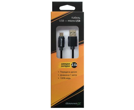 Дата кабель USB 2.0 AM to Micro 5P 1.0m Cu, 2.1A, Black Grand-X (MM-01B), зображення 3 Дата кабель USB 2.0 AM to Micro 5P 1.0m Cu, 2.1A, Black Grand-X (MM-01B), зображення 3
