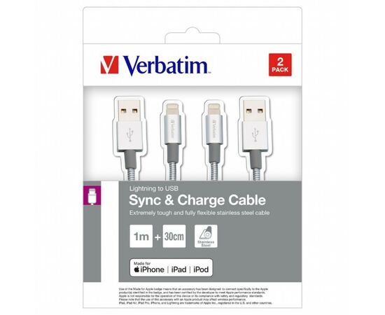 Дата кабель USB 2.0 AM to Lightning 1.0m + 0.3m silver Verbatim (48873), зображення 2 Дата кабель USB 2.0 AM to Lightning 1.0m + 0.3m silver Verbatim (48873), зображення 2