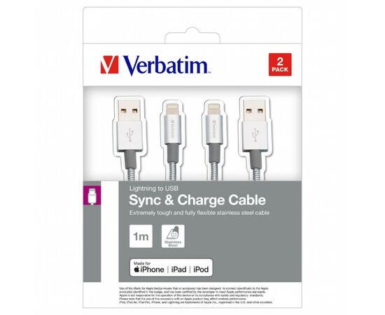 Дата кабель USB 2.0 AM to Lightning 1.0m + 1.0m silver Verbatim (48872), зображення 2 Дата кабель USB 2.0 AM to Lightning 1.0m + 1.0m silver Verbatim (48872), зображення 2