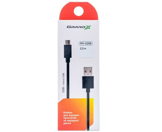 Дата кабель USB 2.0 AM to Micro 5P 2.5m black Grand-X (PM025B), зображення 3 Дата кабель USB 2.0 AM to Micro 5P 2.5m black Grand-X (PM025B), зображення 3