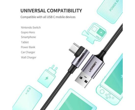 Дата кабель USB 2.0 AM to Type-C 1.0m US284 Angled Alum. Braid Black Ugreen (50941), изображение 5 Дата кабель USB 2.0 AM to Type-C 1.0m US284 Angled Alum. Braid Black Ugreen (50941), изображение 5