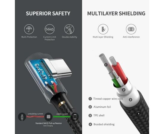 Дата кабель USB 2.0 AM to Type-C 1.0m US284 Angled Alum. Braid Black Ugreen (50941), изображение 6 Дата кабель USB 2.0 AM to Type-C 1.0m US284 Angled Alum. Braid Black Ugreen (50941), изображение 6