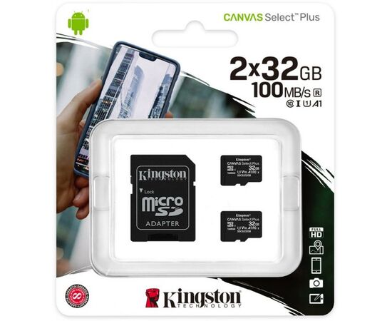 Карта памяти Kingston 2x32GB microSD class 10 U1 V10 A1 Canvas Select Plus (SDCS2/32GB-2P1A), изображение 3 Карта памяти Kingston 2x32GB microSD class 10 U1 V10 A1 Canvas Select Plus (SDCS2/32GB-2P1A), изображение 3