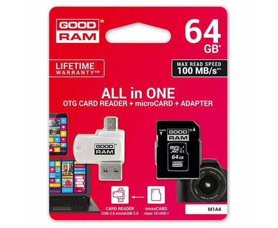 Карта памяти Goodram 64GB microSDXC class 10 UHS-I (M1A4-0640R12), изображение 2 Карта памяти Goodram 64GB microSDXC class 10 UHS-I (M1A4-0640R12), изображение 2