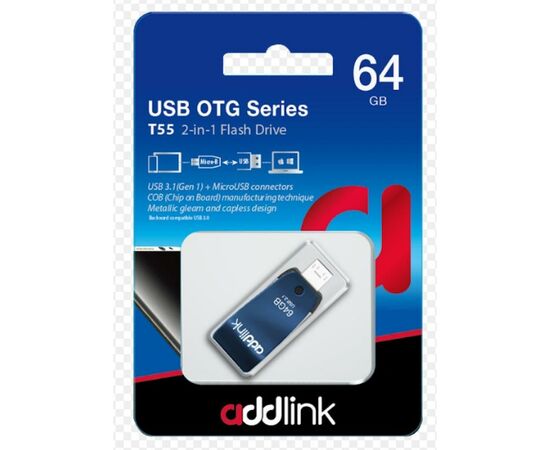 USB флеш накопитель AddLink 64GB T55 Blue USB 3.1/Micro USB (ad64GBT55B3), изображение 3 USB флеш накопитель AddLink 64GB T55 Blue USB 3.1/Micro USB (ad64GBT55B3), изображение 3