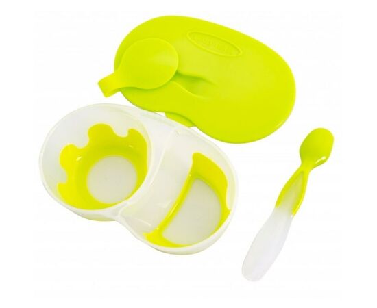 Набор детской посуды Baby Team Тарелка двухсекционная с крышкой и ложкой, 330 мл (6003_green), изображение 3 Набор детской посуды Baby Team Тарелка двухсекционная с крышкой и ложкой, 330 мл (6003_green), изображение 3