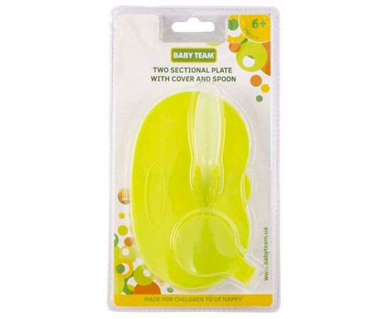 Набор детской посуды Baby Team Тарелка двухсекционная с крышкой и ложкой, 330 мл (6003_green), изображение 4 Набор детской посуды Baby Team Тарелка двухсекционная с крышкой и ложкой, 330 мл (6003_green), изображение 4