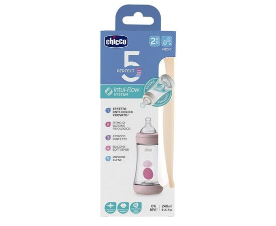 Бутылочка для кормления Chicco пластиковая Perfect 5 с силиконовой соской 2м+ 240 мл Розова (20223.10.40), изображение 3 Бутылочка для кормления Chicco пластиковая Perfect 5 с силиконовой соской 2м+ 240 мл Розова (20223.10.40), изображение 3