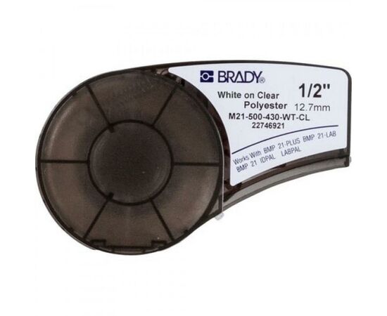 Лента для принтера этикеток Brady полиэстр, 12.7mm/6.4m. Белый на Прозрачном (M21-500-430-WT-CL)