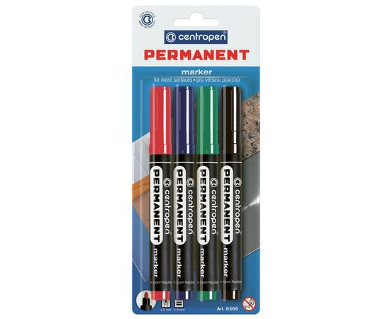 Маркер Centropen Permanent 8566 2,5 мм, round tip, SET 4colors (BLister) (8566/4/BL)