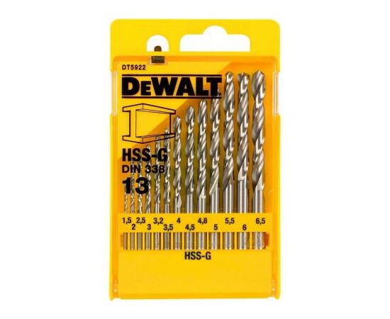 Набор сверл DeWALT HSS-G по металлу, 13шт, d=1,5-6,5мм. (DT5922)