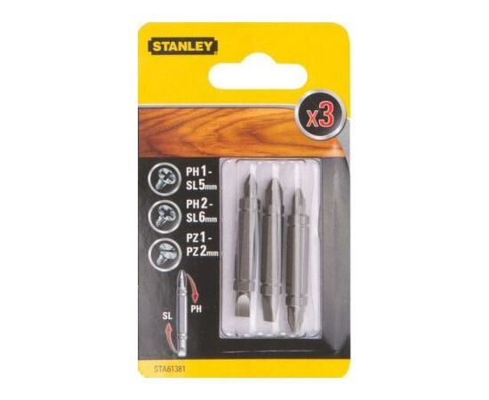 Набор бит Stanley двустор. Ph1-SL5,Ph2-SL6,Pz1-Pz2, 48мм, 3шт. (STA61381), изображение 2 Набор бит Stanley двустор. Ph1-SL5,Ph2-SL6,Pz1-Pz2, 48мм, 3шт. (STA61381), изображение 2