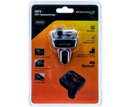 FM модулятор Grand-X 98GRX MegaBass, Bluetooth V5.0 MicroSD, 2USB , MegaBass, han (98GRX), изображение 8 FM модулятор Grand-X 98GRX MegaBass, Bluetooth V5.0 MicroSD, 2USB , MegaBass, han (98GRX), изображение 8
