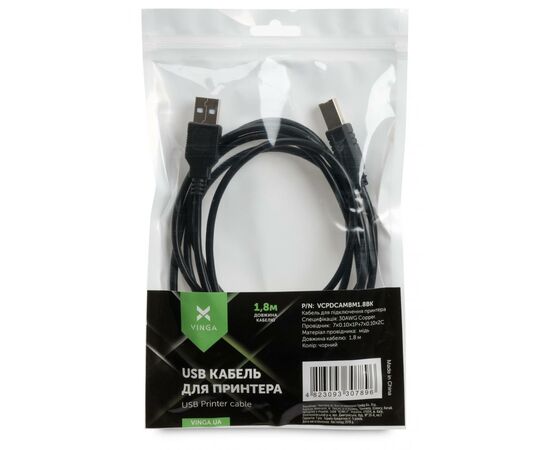 Кабель для принтера USB 2.0 AM/BM 1.8 m Vinga (VCPDCAMBM1.8BK), изображение 4 Кабель для принтера USB 2.0 AM/BM 1.8 m Vinga (VCPDCAMBM1.8BK), изображение 4