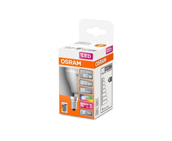 Лампочка Osram LED STAR Е14 5.5-40W 2700K+RGB 220V Р45 пульт ДУ (4058075430877), зображення 2 Лампочка Osram LED STAR Е14 5.5-40W 2700K+RGB 220V Р45 пульт ДУ (4058075430877), зображення 2