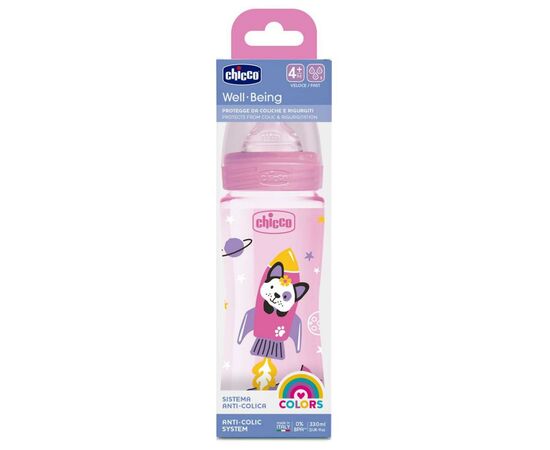Бутылочка для кормления Chicco пластиковая Well-being Physio Colors с силик. соской 4м+ 330 (28637.10), изображение 4 Бутылочка для кормления Chicco пластиковая Well-being Physio Colors с силик. соской 4м+ 330 (28637.10), изображение 4