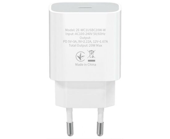 Зарядное устройство 2E USB-C Wall Charger PD3.0 DC5V/3A, 20W, white (2E-WC1USBC20W-W), изображение 2 Зарядное устройство 2E USB-C Wall Charger PD3.0 DC5V/3A, 20W, white (2E-WC1USBC20W-W), изображение 2