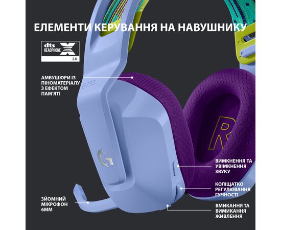 Наушники Logitech G733 Lightspeed Wireless RGB Gaming Headset Lilac (981-000890), изображение 5 Наушники Logitech G733 Lightspeed Wireless RGB Gaming Headset Lilac (981-000890), изображение 5
