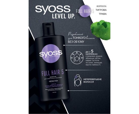 Шампунь Syoss Full Hair 5 с тигровой травой для тонких волос без объема 440 мл (4015100339086/9000101276992), изображение 3 Шампунь Syoss Full Hair 5 с тигровой травой для тонких волос без объема 440 мл (4015100339086/9000101276992), изображение 3