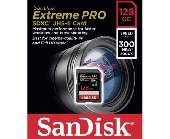 Карта памяти SanDisk 128GB SDXC class 10 UHS-II U3 V90 Extreme Pro (SDSDXDK-128G-GN4IN), изображение 2 Карта памяти SanDisk 128GB SDXC class 10 UHS-II U3 V90 Extreme Pro (SDSDXDK-128G-GN4IN), изображение 2