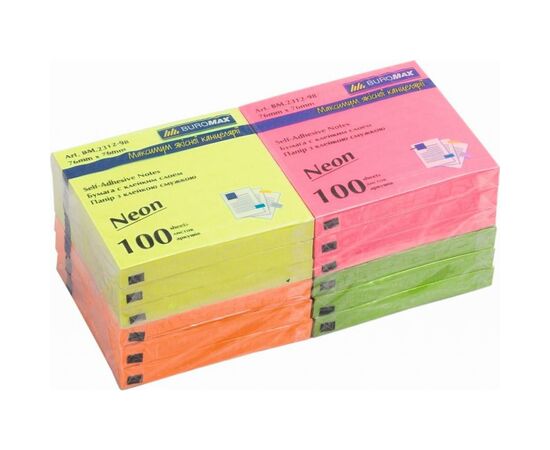 Бумага для заметок Buromax with adhesive layer 76х76мм, 100sheets, NEON colors (BM.2312-98)
