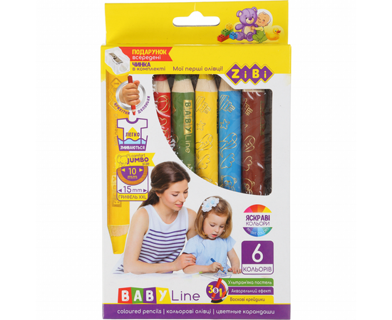 Олівці кольорові ZiBi Baby Line Mini Super Jumbo зі стругачкою 6 кол. (ZB.2453)