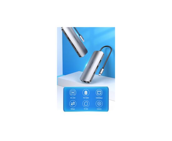 Концентратор Vention USB3.1 Type-C --> HDMI/USB 3.0x2/RJ45/USB-C/SD/TF/TRRS 3.5mm (TOMHB), изображение 2 Концентратор Vention USB3.1 Type-C --> HDMI/USB 3.0x2/RJ45/USB-C/SD/TF/TRRS 3.5mm (TOMHB), изображение 2