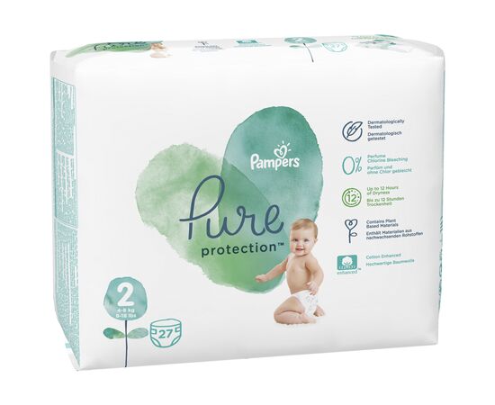 Подгузник Pampers Pure Protection Размер 2 Mini 4-8 кг 27 шт (8001841023205), изображение 3 Подгузник Pampers Pure Protection Размер 2 Mini 4-8 кг 27 шт (8001841023205), изображение 3