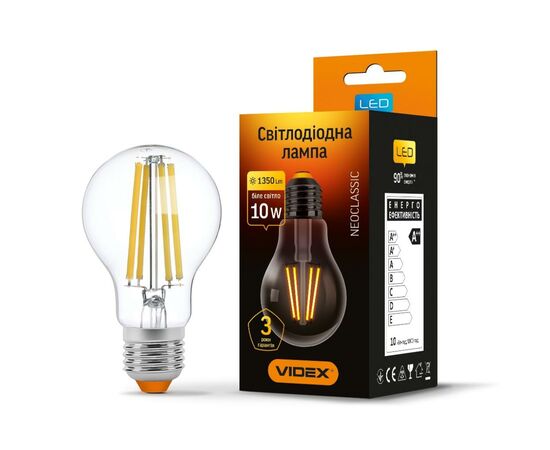 Лампочка Videx Filament A60F 10W E27 4100K 220V (VL-A60F-10274), изображение 2 Лампочка Videx Filament A60F 10W E27 4100K 220V (VL-A60F-10274), изображение 2