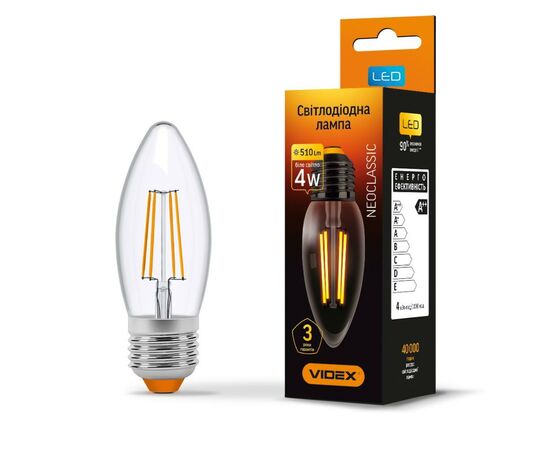 Лампочка Videx Filament C37F 4W E27 4100K 220V (VL-C37F-04274), изображение 2 Лампочка Videx Filament C37F 4W E27 4100K 220V (VL-C37F-04274), изображение 2