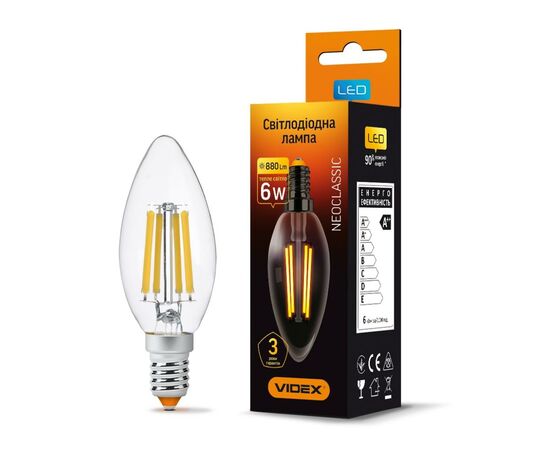 Лампочка Videx Filament C37F 6W E14 3000K 220V (VL-C37F-06143), изображение 2 Лампочка Videx Filament C37F 6W E14 3000K 220V (VL-C37F-06143), изображение 2
