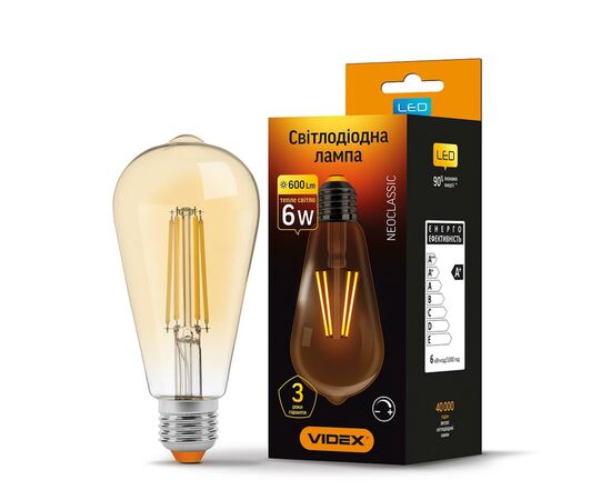 Лампочка Videx Filament ST64FAD 6W E27 2200K 220V (VL-ST64FAD-06272), изображение 2 Лампочка Videx Filament ST64FAD 6W E27 2200K 220V (VL-ST64FAD-06272), изображение 2