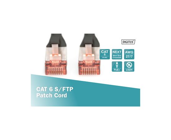 Патч-корд 0.25м, CAT 6 S-FTP, AWG 27/7, LSZH, Black Digitus (DK-1644-0025/BL), зображення 2 Патч-корд 0.25м, CAT 6 S-FTP, AWG 27/7, LSZH, Black Digitus (DK-1644-0025/BL), зображення 2