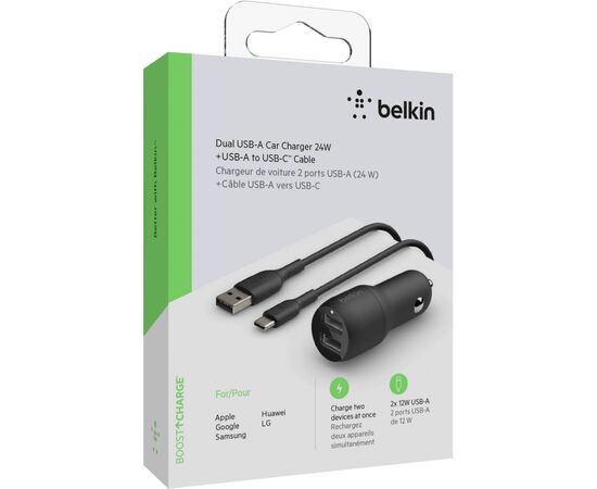 Зарядное устройство Belkin Car Charger (24W) Dual USB-A, USB-A - USB-C, 1m, black (CCE001BT1MBK), изображение 5 Зарядное устройство Belkin Car Charger (24W) Dual USB-A, USB-A - USB-C, 1m, black (CCE001BT1MBK), изображение 5