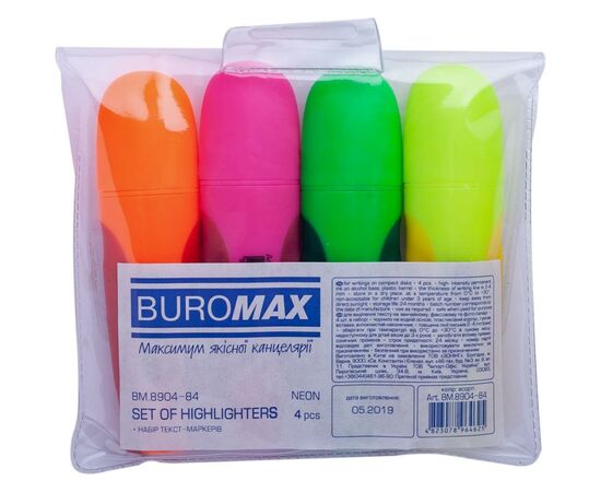 Маркер Buromax highlighter pen, NEON, chisel tip, SET 4 colors (BM.8904-84), изображение 2 Маркер Buromax highlighter pen, NEON, chisel tip, SET 4 colors (BM.8904-84), изображение 2