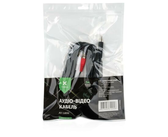 Кабель мультимедийный Jack 3.5mm male to 2xRCA 5.0m Vinga (VCPDCJ35MRCA25BK), изображение 3 Кабель мультимедийный Jack 3.5mm male to 2xRCA 5.0m Vinga (VCPDCJ35MRCA25BK), изображение 3