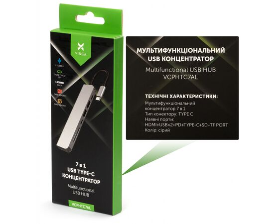 Концентратор Vinga Type-C to 4K HDMI+2*USB3.0+SD+TF+PD+USB-C 3.1 Gen1 aluminium (VCPHTC7AL), изображение 5 Концентратор Vinga Type-C to 4K HDMI+2*USB3.0+SD+TF+PD+USB-C 3.1 Gen1 aluminium (VCPHTC7AL), изображение 5