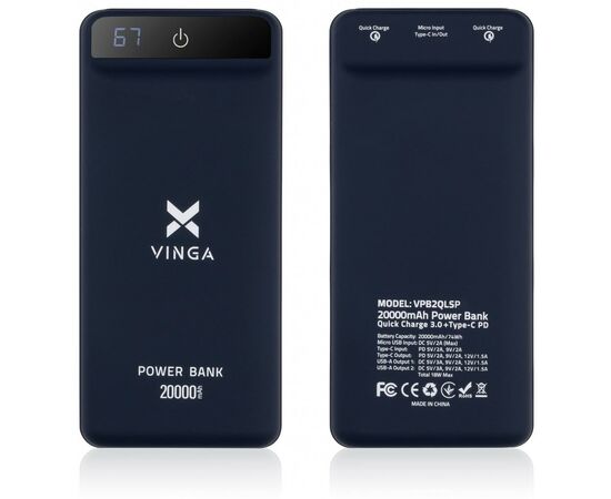 Батарея универсальная Vinga 20000 mAh QC3.0 Display soft touch purple (VPB2QLSP), изображение 8 Батарея универсальная Vinga 20000 mAh QC3.0 Display soft touch purple (VPB2QLSP), изображение 8