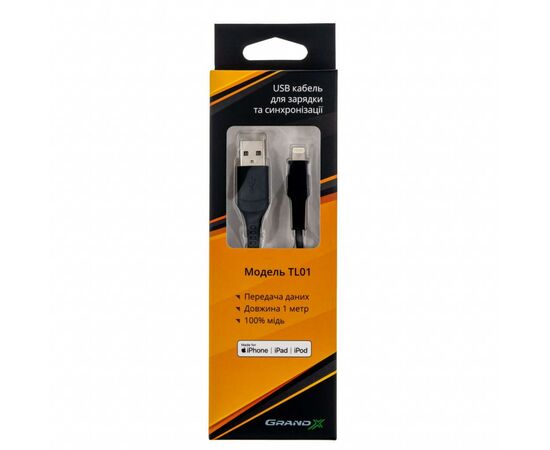 Дата кабель USB 2.0 AM to Lightning 1.0m MFI Grand-X (TL01), зображення 3 Дата кабель USB 2.0 AM to Lightning 1.0m MFI Grand-X (TL01), зображення 3