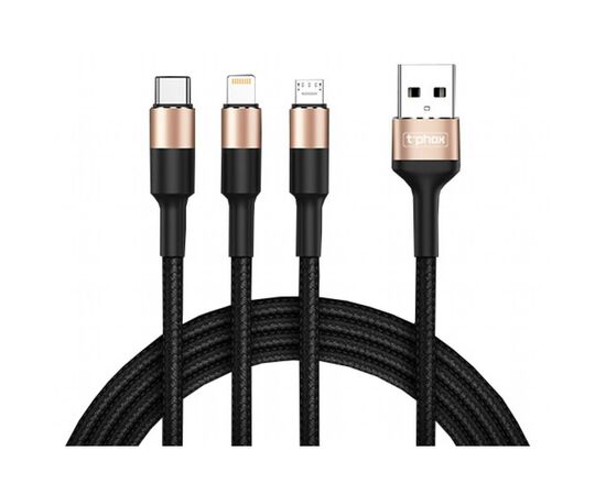 Дата кабель USB 2.0 AM to Lightning + Micro 5P + Type-C 1.2m T-F815 T-Phox (T-F815 Mix Black/Gold)