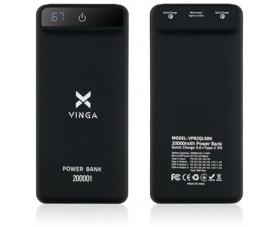 Батарея универсальная Vinga 20000 mAh QC3.0 Display soft touch black (VPB2QLSBK), изображение 8 Батарея универсальная Vinga 20000 mAh QC3.0 Display soft touch black (VPB2QLSBK), изображение 8