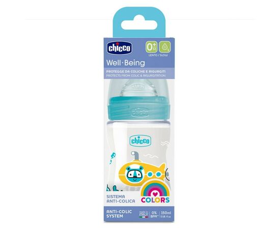 Бутылочка для кормления Chicco пластиковая Well-Being с силиконовой соской 4м+ 330 мл Голуб (28611.20), изображение 4