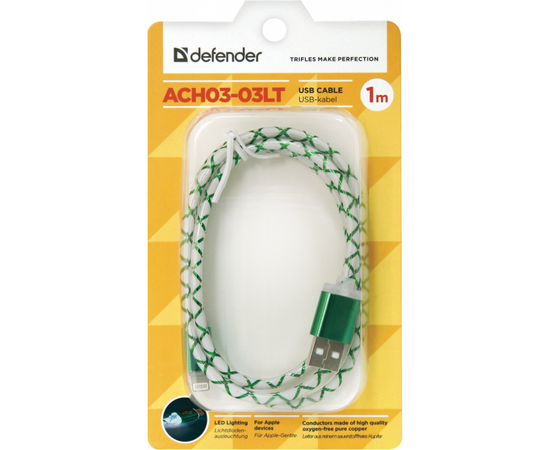 Дата кабель USB 2.0 AM to Lightning 1.0m ACH03-03LT GreenLED backlight Defender (87553), изображение 3 Дата кабель USB 2.0 AM to Lightning 1.0m ACH03-03LT GreenLED backlight Defender (87553), изображение 3