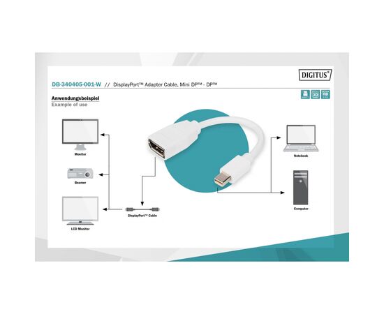 Перехідник mini DP to DP, M/F, 0.15m, white Digitus (DB-340405-001-W), зображення 2 Перехідник mini DP to DP, M/F, 0.15m, white Digitus (DB-340405-001-W), зображення 2