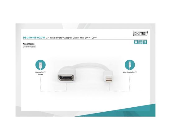 Перехідник mini DP to DP, M/F, 0.15m, white Digitus (DB-340405-001-W), зображення 3 Перехідник mini DP to DP, M/F, 0.15m, white Digitus (DB-340405-001-W), зображення 3