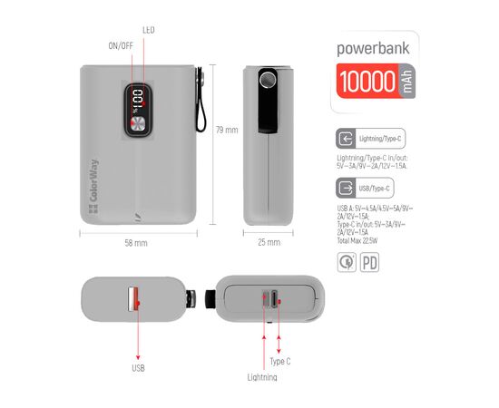 Батарея универсальная ColorWay 10 000 mAh Full power (USB QC3.0 + USB-C Power Delivery 22.5 (CW-PB100LPK2WT-PDD), изображение 3 Батарея универсальная ColorWay 10 000 mAh Full power (USB QC3.0 + USB-C Power Delivery 22.5 (CW-PB100LPK2WT-PDD), изображение 3