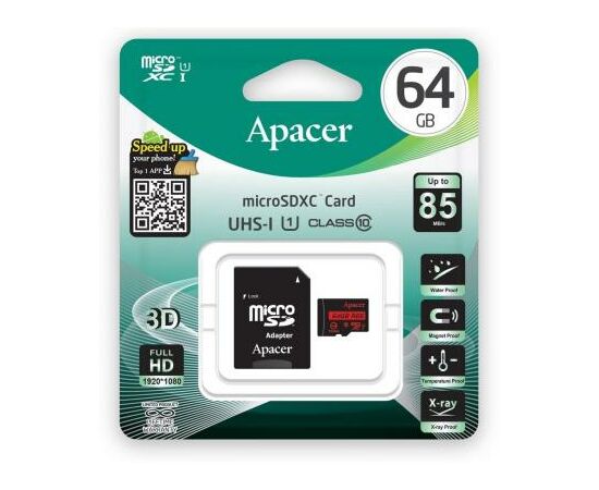 Карта памяти Apacer 64GB microSDXC class 10 UHS-I U1 (AP64GMCSX10U5-R), изображение 3 Карта памяти Apacer 64GB microSDXC class 10 UHS-I U1 (AP64GMCSX10U5-R), изображение 3