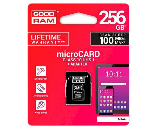 Карта памяти Goodram 256GB microSDXC class 10 UHS-I (M1AA-2560R12), изображение 3 Карта памяти Goodram 256GB microSDXC class 10 UHS-I (M1AA-2560R12), изображение 3