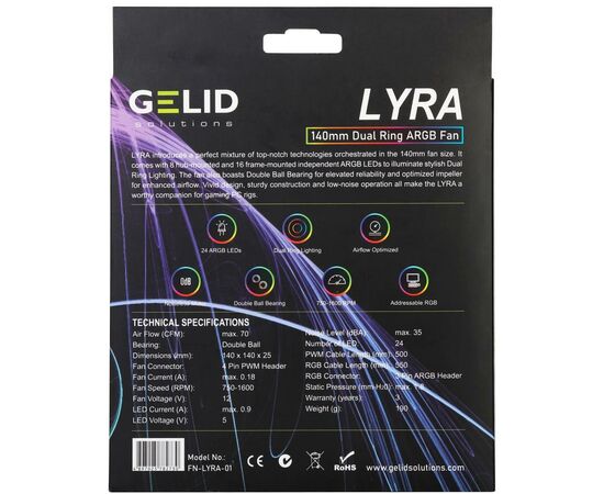 Кулер для корпуса Gelid Solutions Lyra ARGB 140mm (LYRA ARGB FAN), изображение 4 Кулер для корпуса Gelid Solutions Lyra ARGB 140mm (LYRA ARGB FAN), изображение 4
