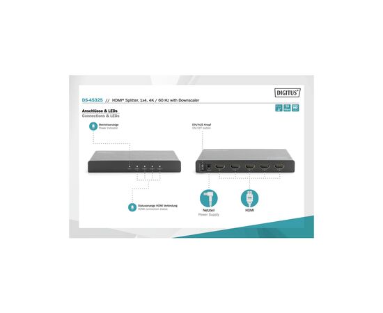 Сплиттер Digitus HDMI (INx1 - OUTx4), 4K, black (DS-45325), изображение 6 Сплиттер Digitus HDMI (INx1 - OUTx4), 4K, black (DS-45325), изображение 6